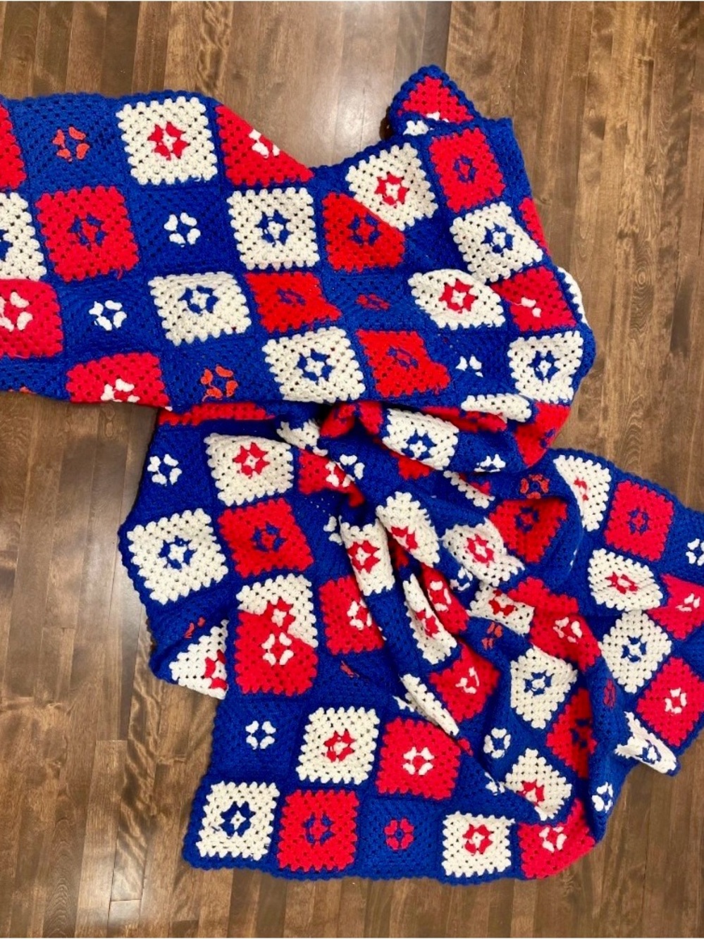Vintage Crocheted Granny Square Blanket | Red, White & Blue Throw (64x96 in.)